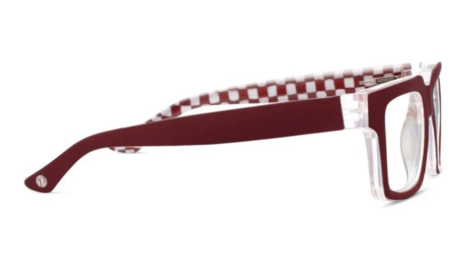 side view of the Dark Red & Check Louie Blue Light Reading Glasses on a white background