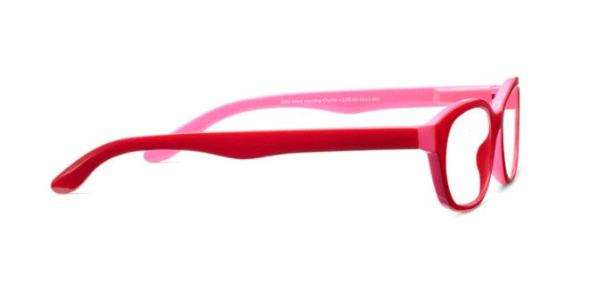 side view of the pink Good Morning Charlie Blue Light Reading Glasses against a white background