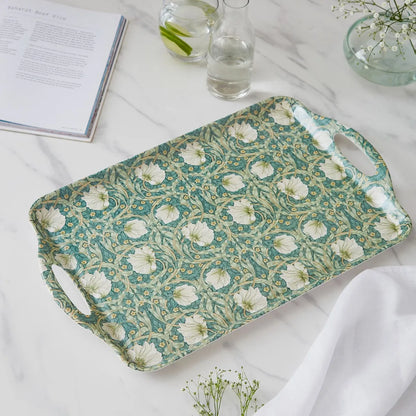 angled view of Pimpernel Floral Melamine Tray set on a marble surface