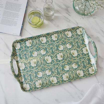 top view of Pimpernel Floral Melamine Tray set on a marble surface with beverage around it