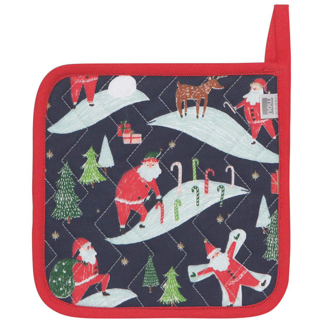 square pot holder with santa and tree design.