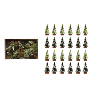 boxed set of mini trees next to mini trees in four rows on a white background.