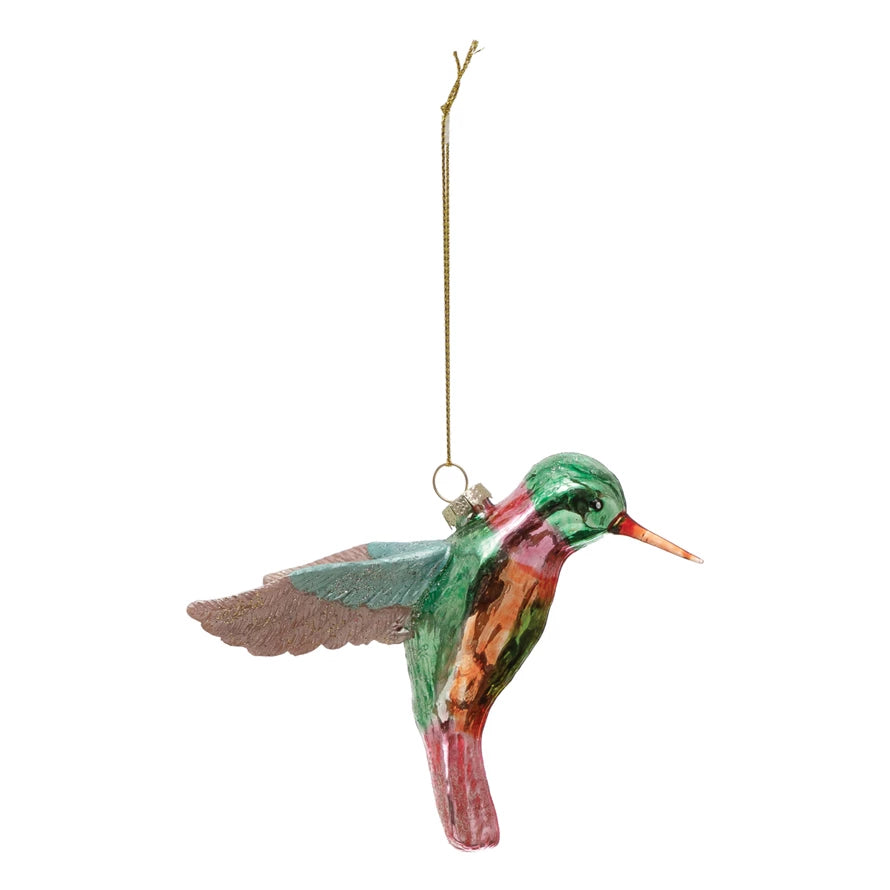 hand painted glass hummingbird ornament against a white background