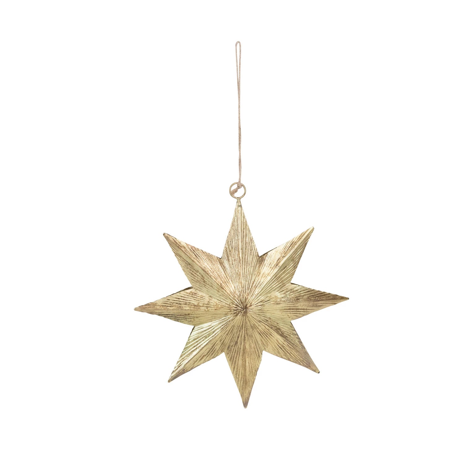 embossed metal star ornament displayed on a white background