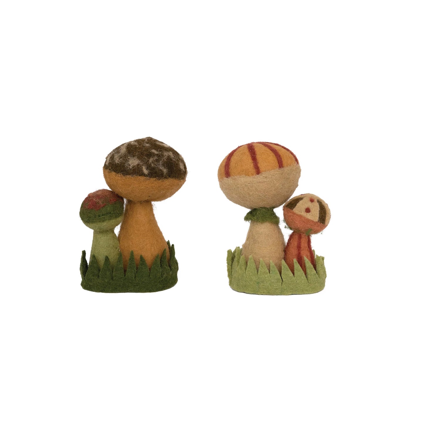 both styles of wool felt mushrooms displayed against a white background