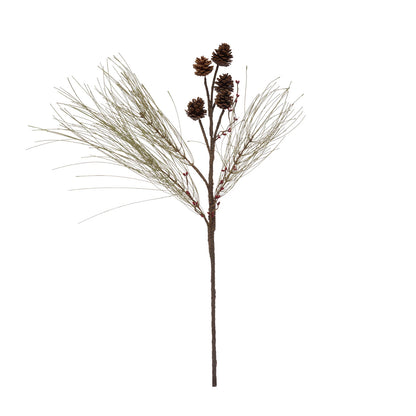 faux long needle pine spray with pinecones on a white background