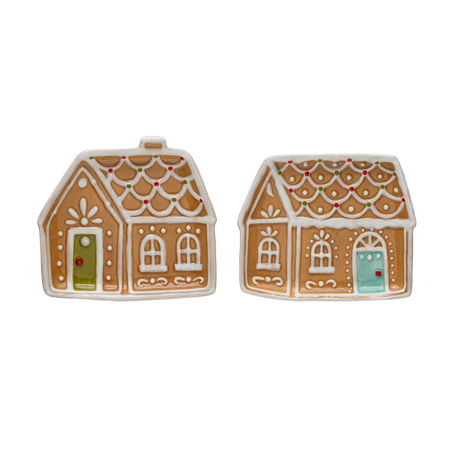 2 styles of gingerbread house plates shown on a white background.