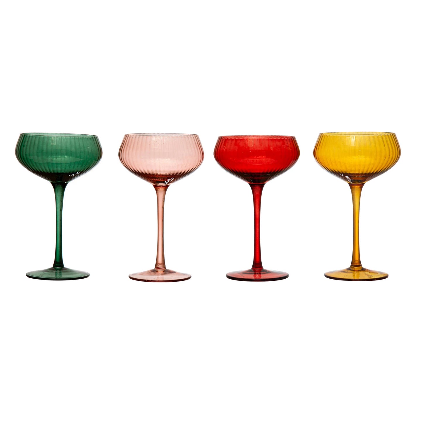 all four colors of stemmed champagne coupe glasses displayed against a white backgrounds 