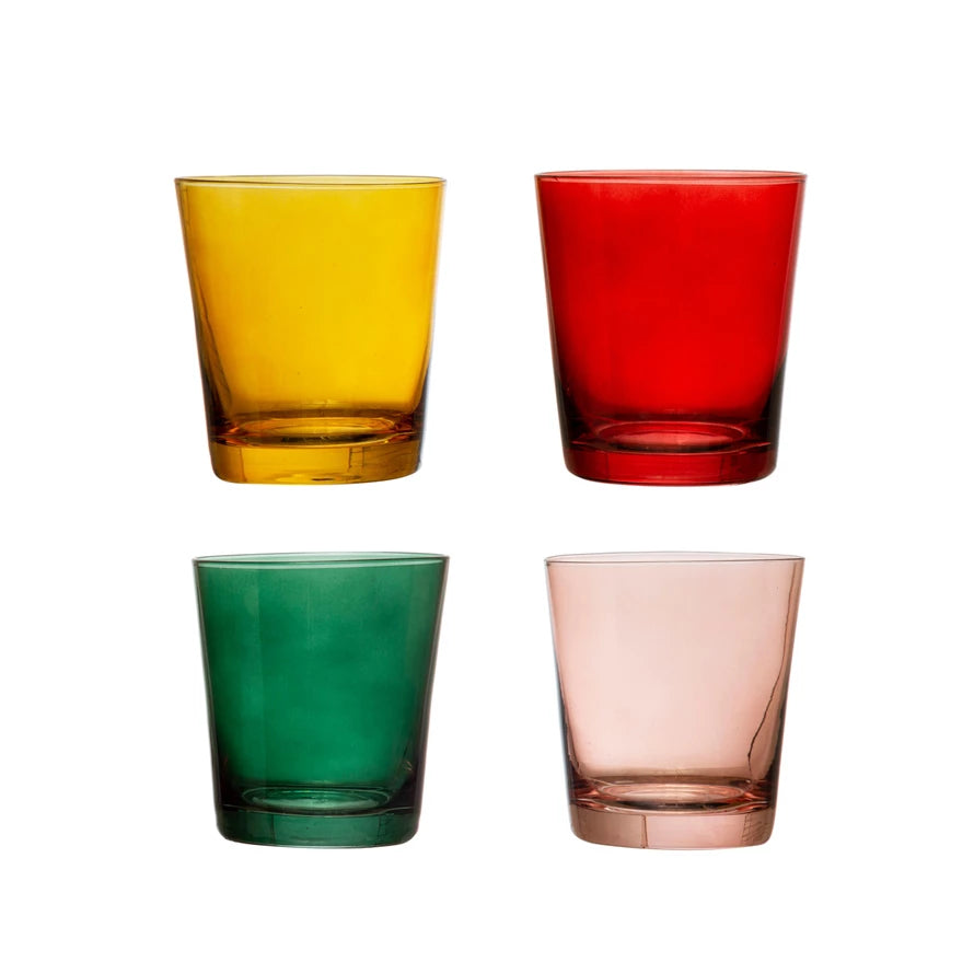 all four colors of low ball drinking glasses displayed on a white background
