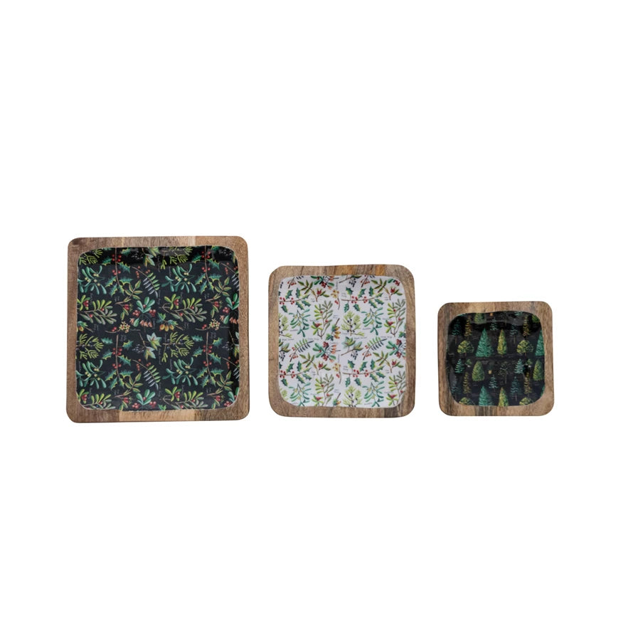 all three sizes of evergreen botanicals enameled mango wood tray displayed against a white background