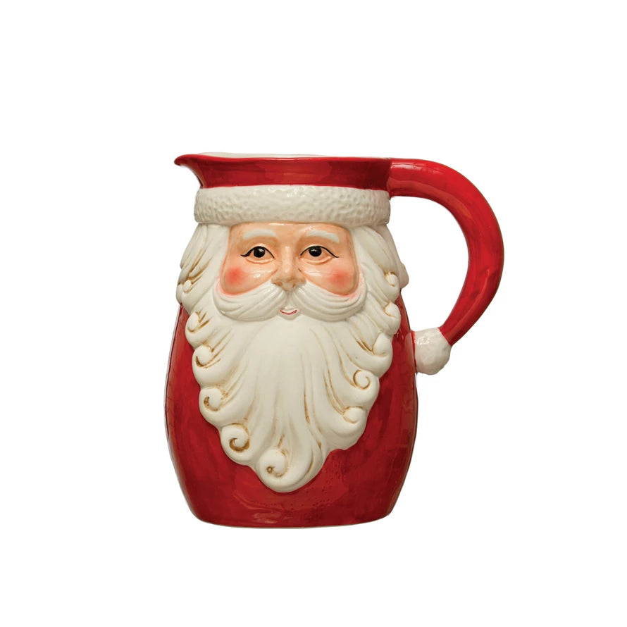 hand painted stoneware santa pitcher with handle displayed on a white background