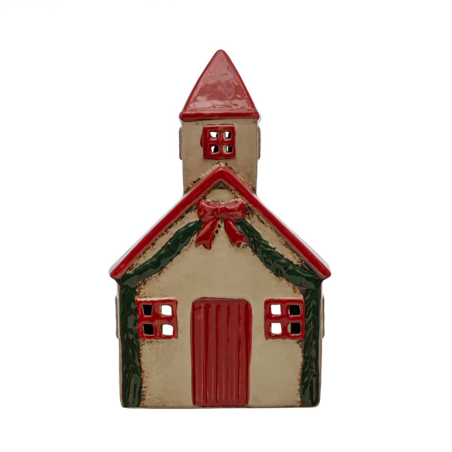 front view of the hand painted stoneware church against a white background
