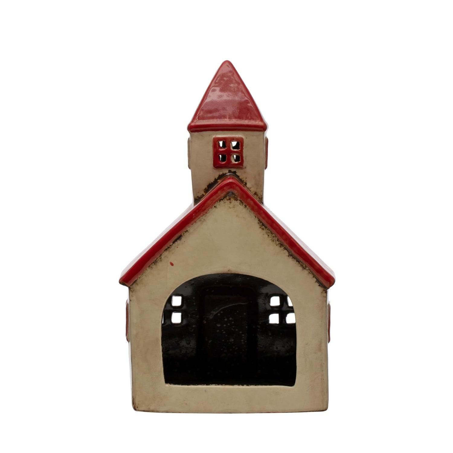back view of the hand painted stoneware church revealing a opening for a votive candle and displayed against a white background