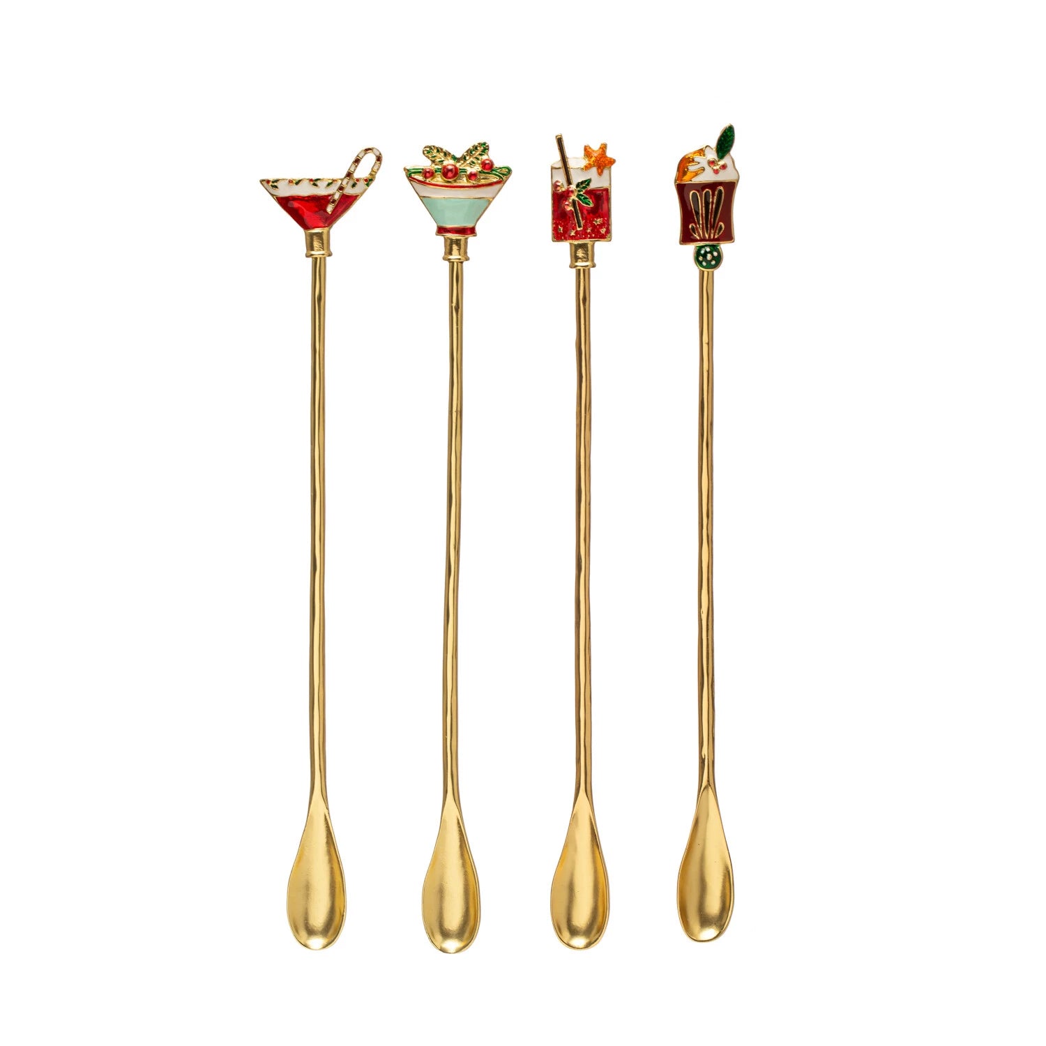 4 styles of holiday spoons on a white background.