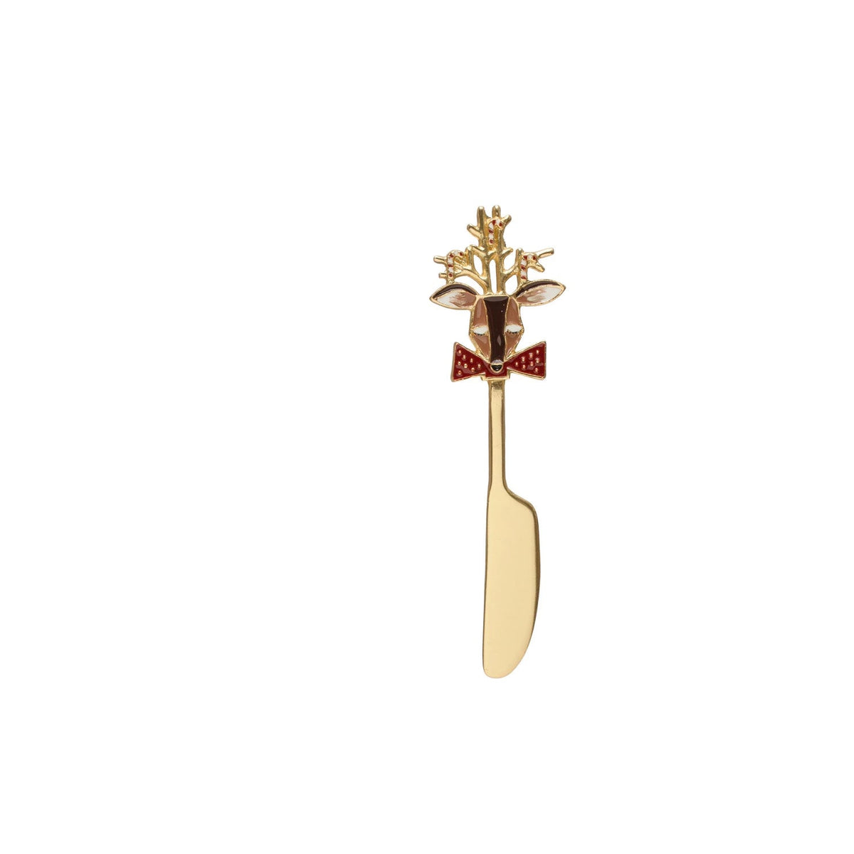 golden spreader with a cute deer wearing a bow tie on the handle