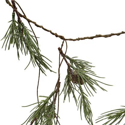 close up view of the shore pine needle and natural pinecone garland against a white background