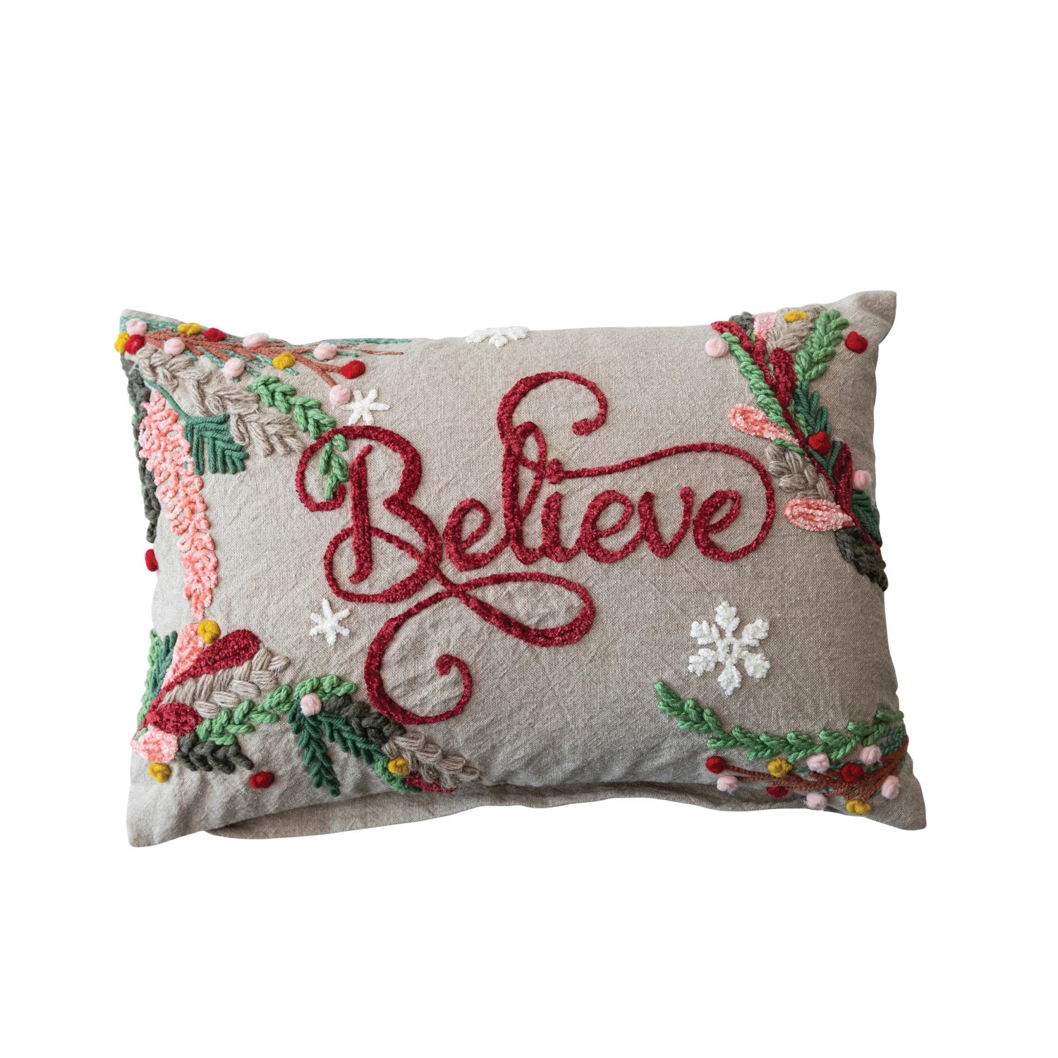 believe embroidered lumbar pillow displayed on a white background