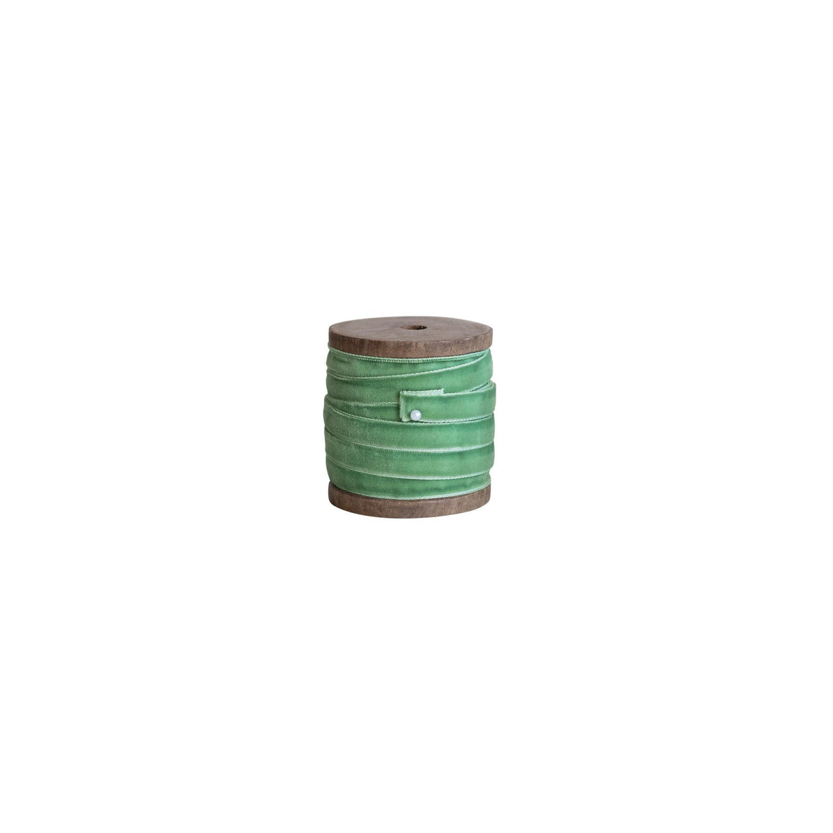 wooden spool of sage green velvet ribbon