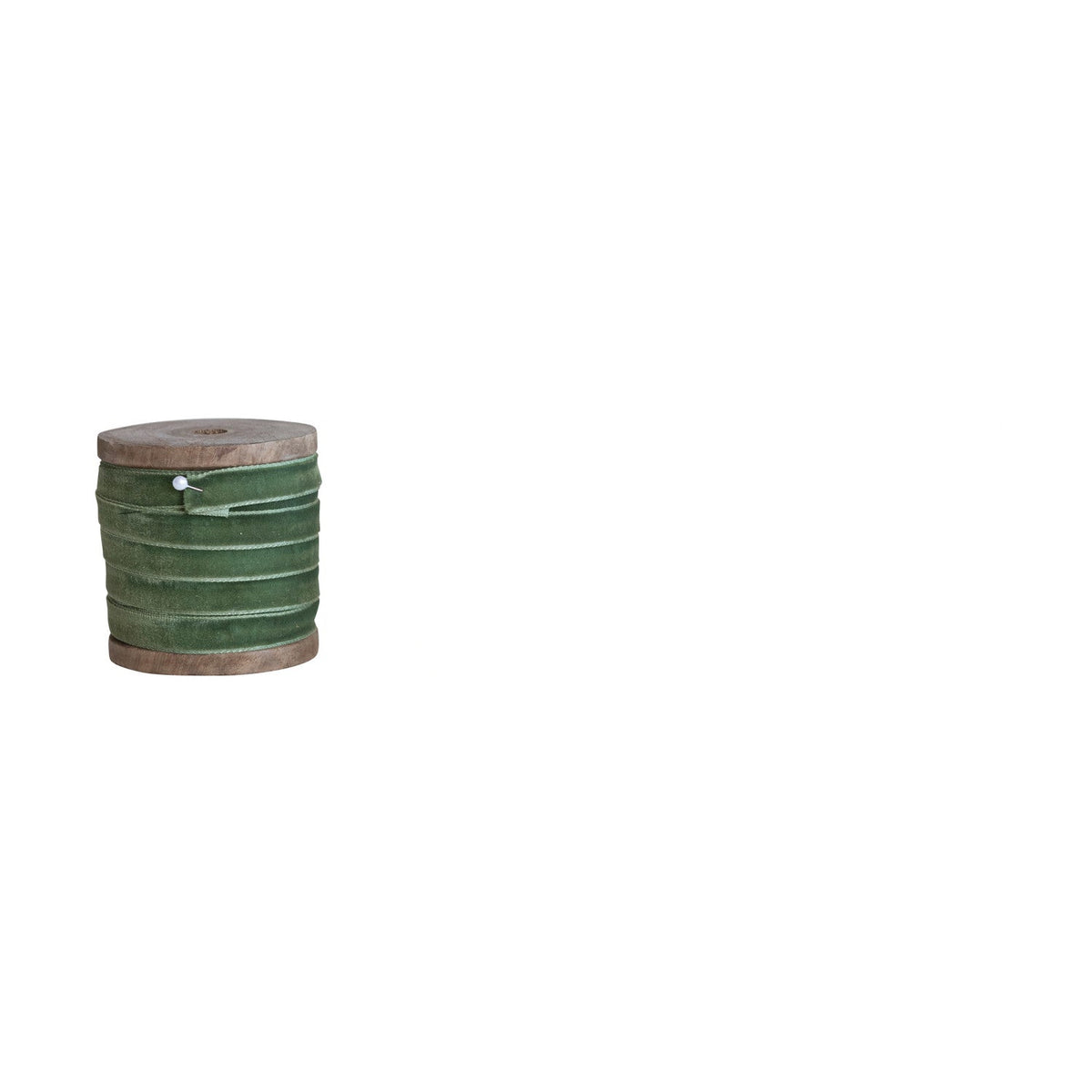wooden spool of olive green velvet ribbon
