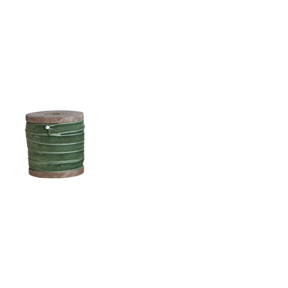 wooden spool of olive green velvet ribbon