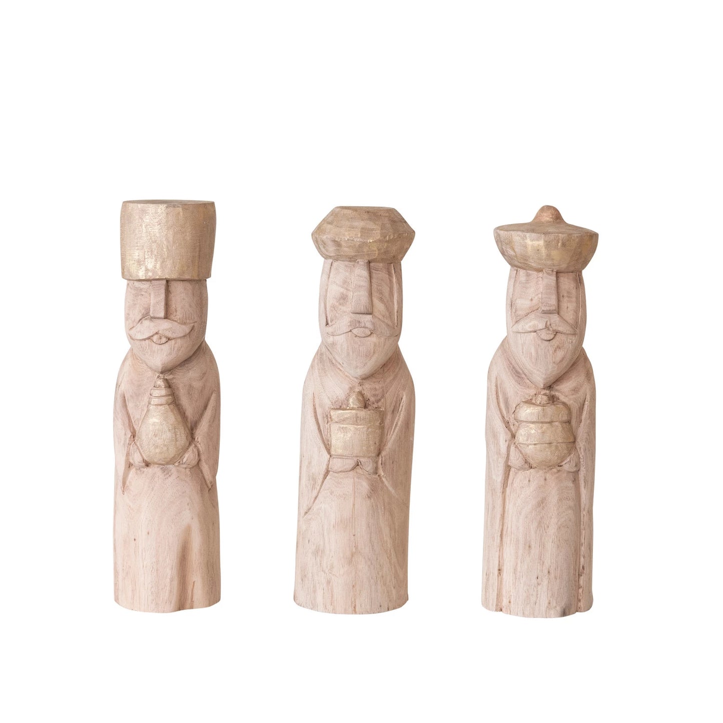 3 assorted wisemen carved from mango wood in a row on a white background.