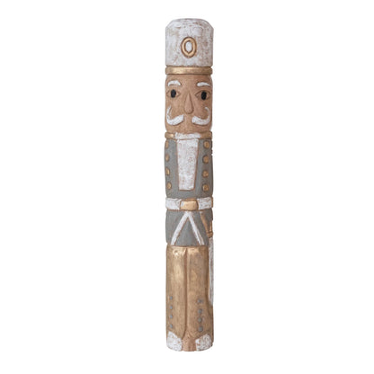 Large mango wood nutcracker with gray, gold and white suit and white and gold hat.