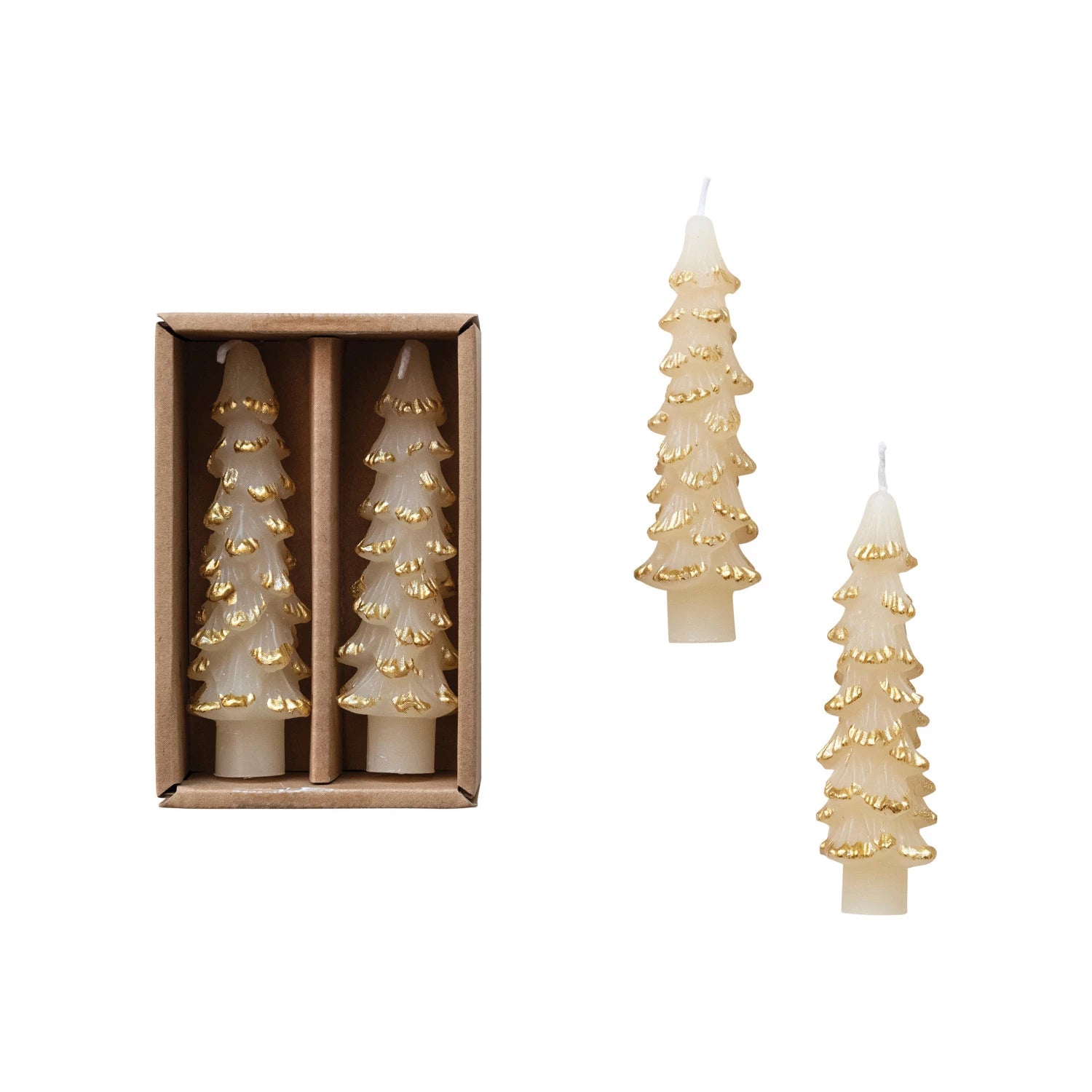 cream colored tree shaped candles arranged on a white background.