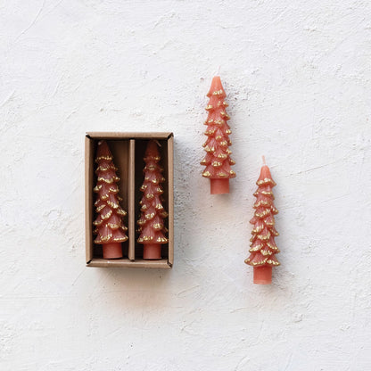 coral colored tree shaped taper candles in box with 2 others laying next to the box on a plaster background.