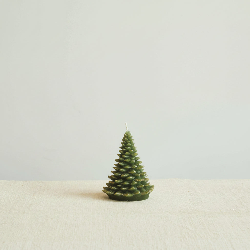short evergreen tree candle on a decorated surface