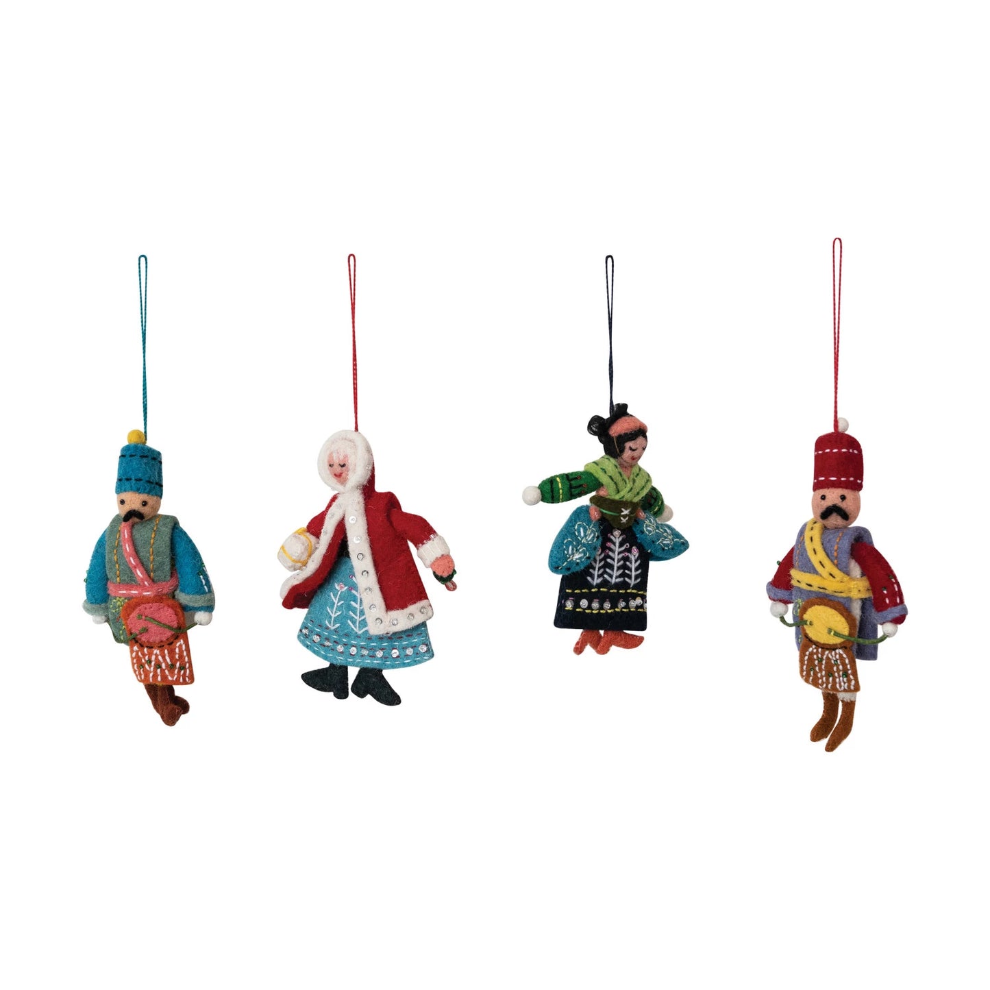 4 assorted styles of felt doll ornaments in a row on a white background.