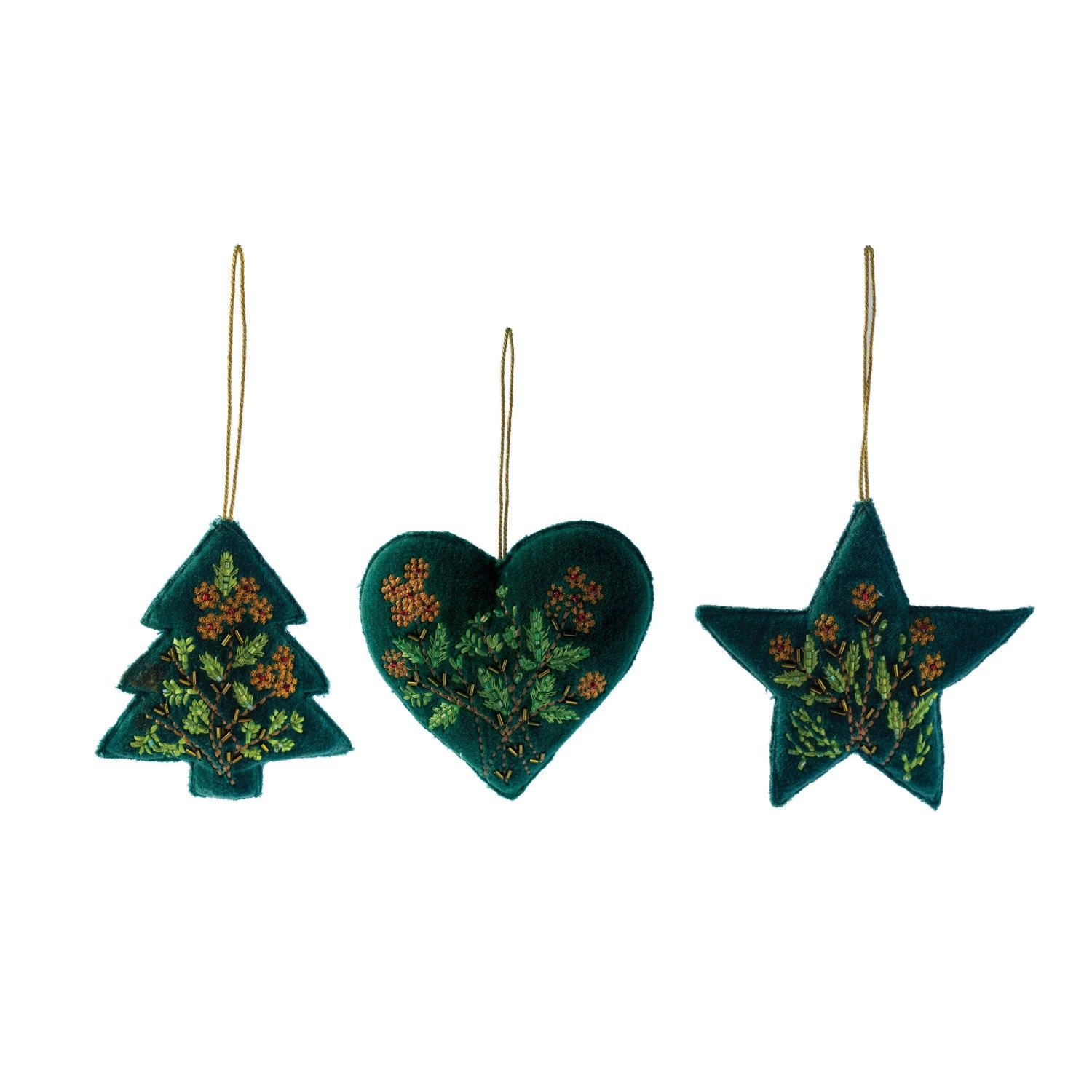 3 shapes of velvet beaded ornaments in a row on a white background.