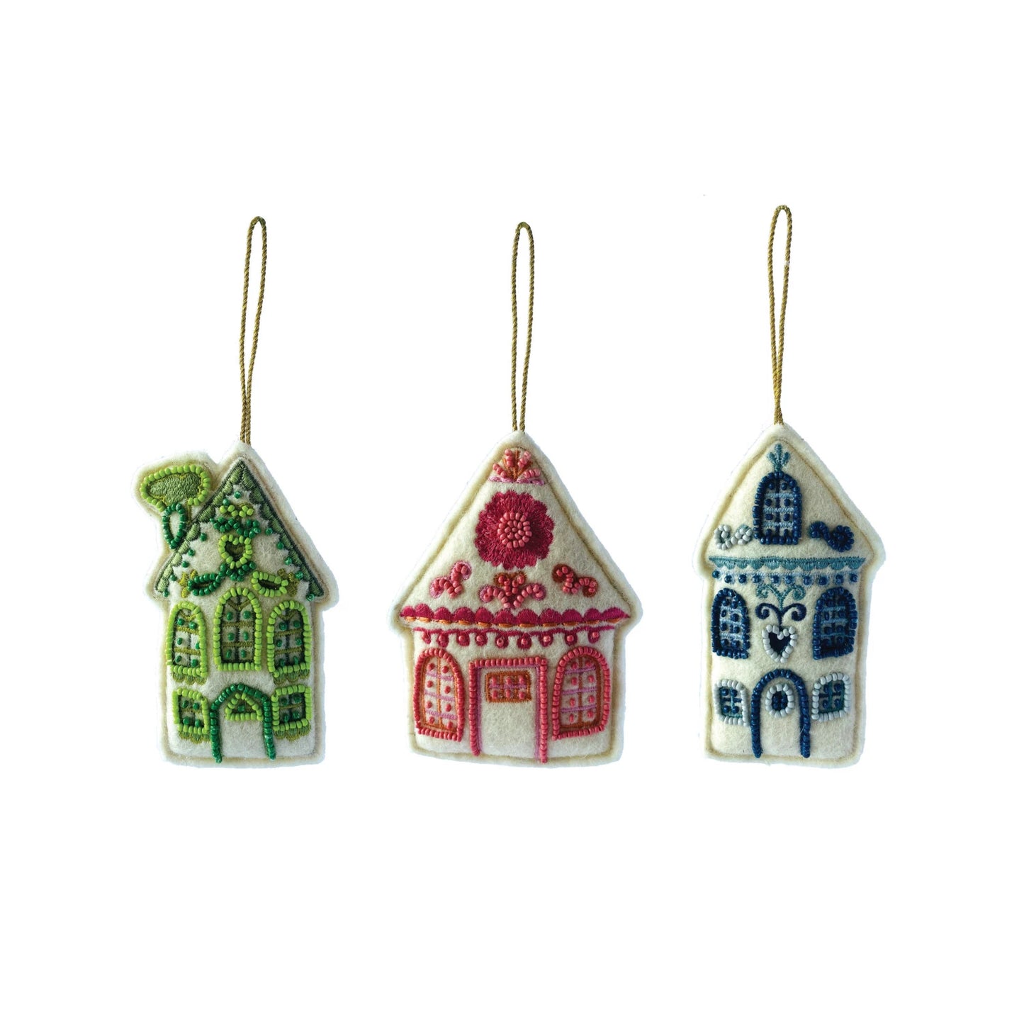 3 colors of felt houses in a row on a white background.