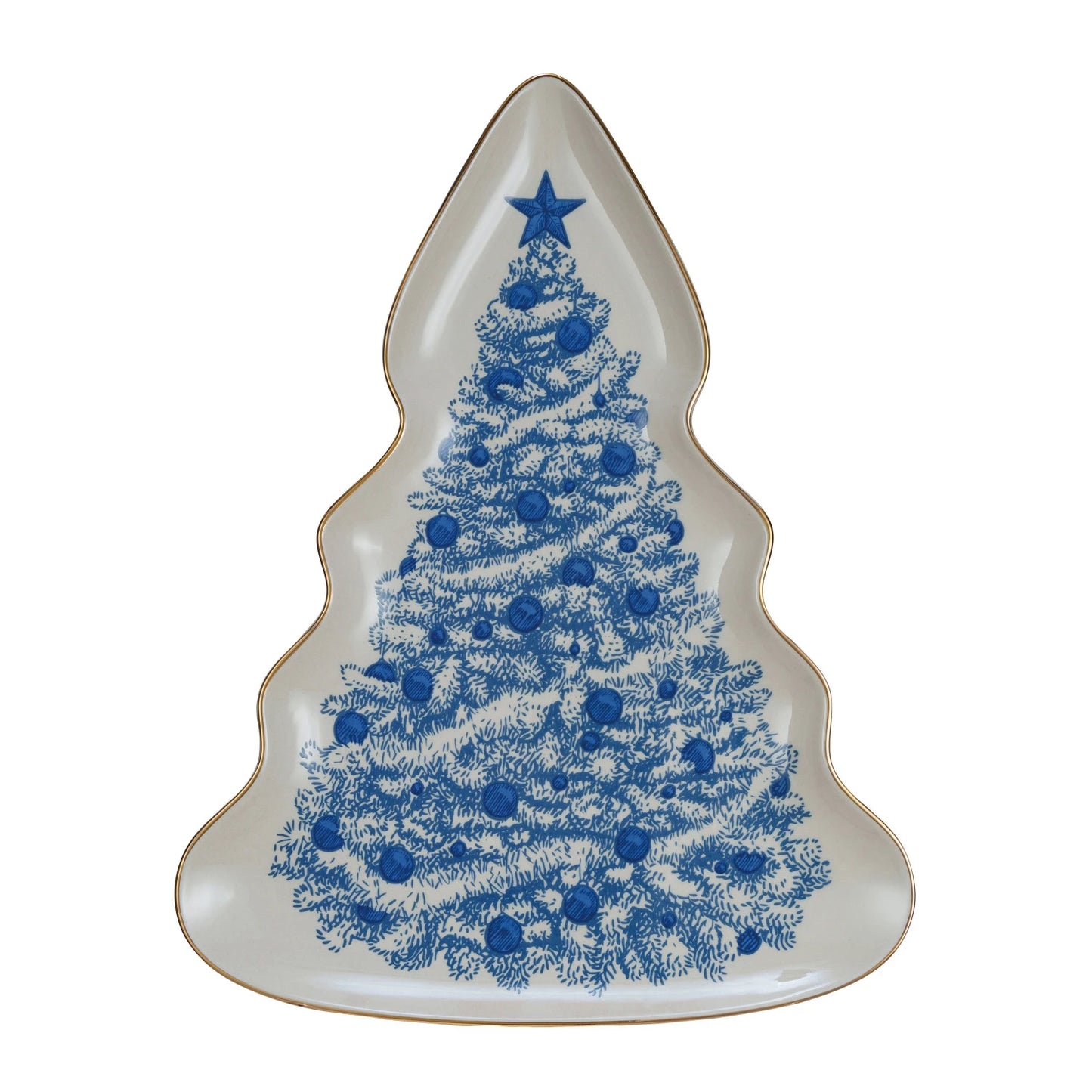 Trees shaped platter with blue tree design on it.