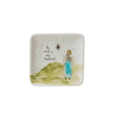 small square dish with image of a shepard holding a lamb and text "the lord is my shepard printed on it