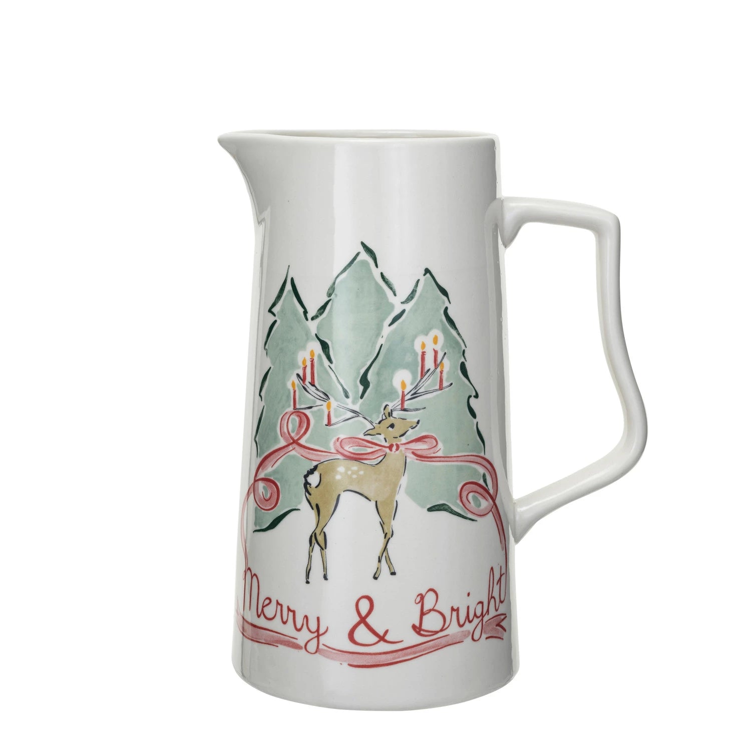 white stoneware pitcher with peer and tree design and Merry & bright" printed along the bottom.