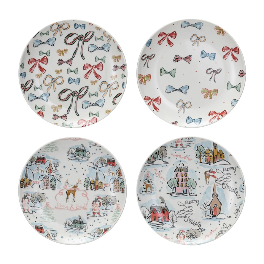 4 styles of holiday pattern plates shown on a white background.