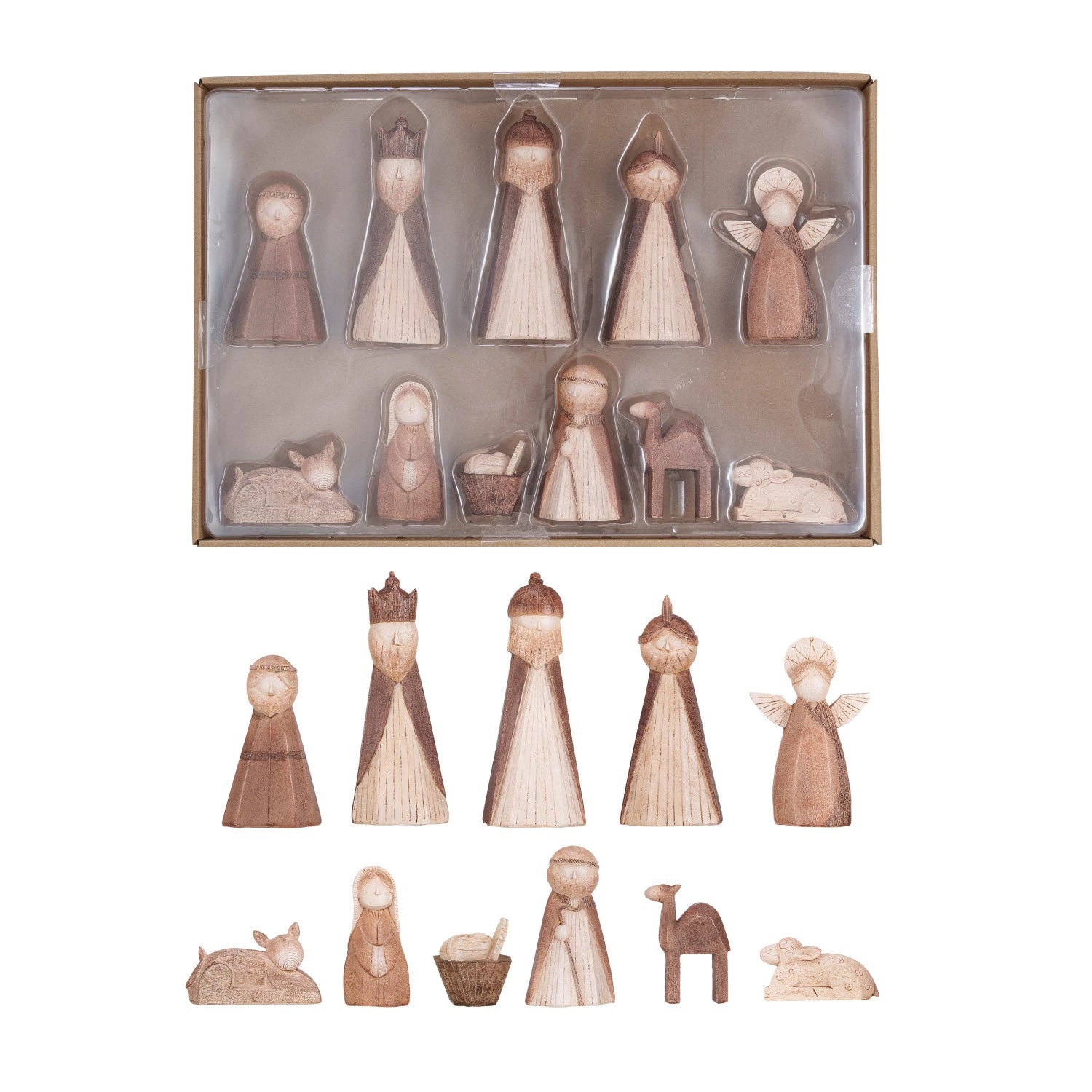 11 pieces of the petite nativity in their box packaging and also arranged in 2 rows on a white background.