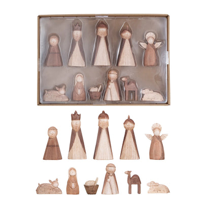 11 pieces of the petite nativity in their box packaging and also arranged in 2 rows on a white background.