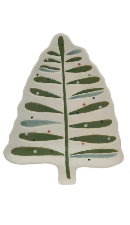 cream colored tree shaped plate with green and blue leaves.