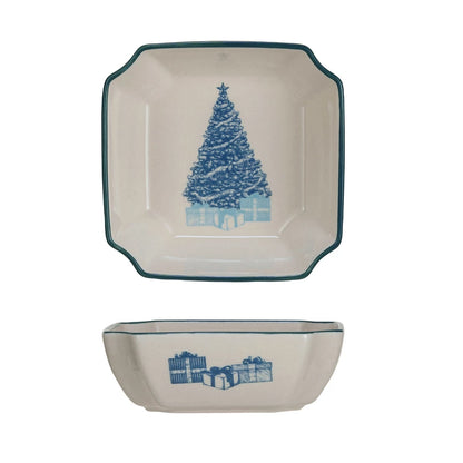 Top view and side view of small bowl with Blue Christmas artwork on it.