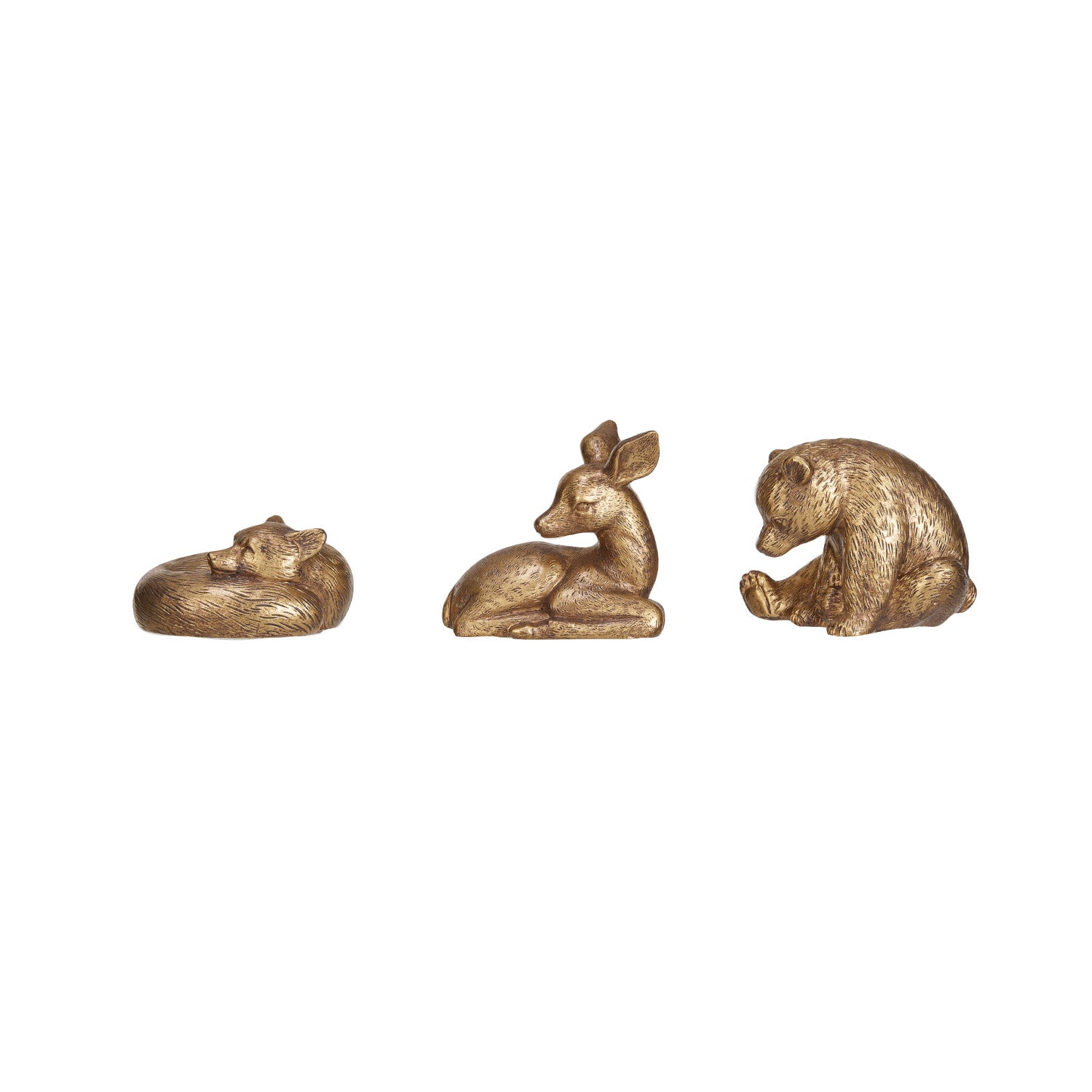 3 gold animals in a row on a white background