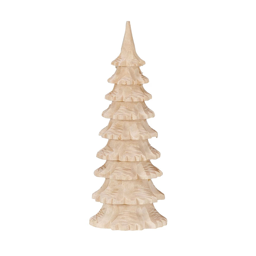 large carved wooden tree on a white background.