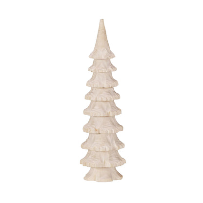 small carved wooden tree on a white background.