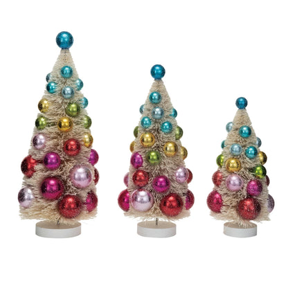 3 sizes of sisal trees with colorful ball ornaments in a row on a white background.