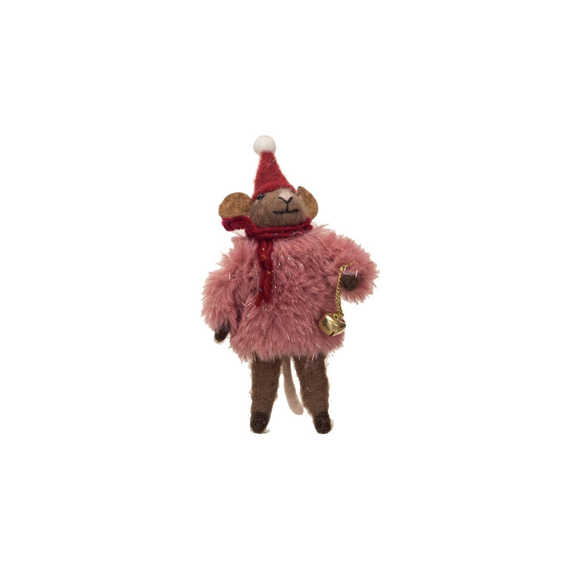 felt mouse ornament wearing a pink sweater and red scarf and hat and holding a gold jingle bell