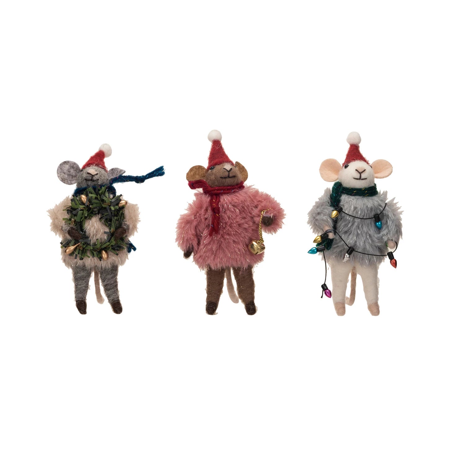 3 felt mice in a row on a white background.