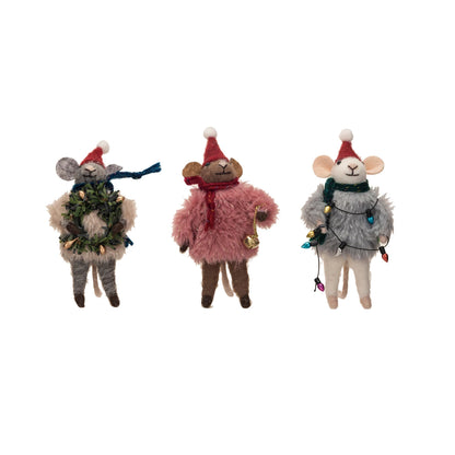 3 felt mice in a row on a white background.