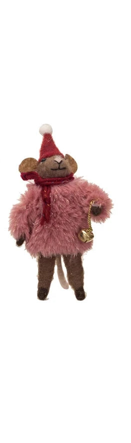 brown mouse wearing pink sweater and red scarf holding a bell.