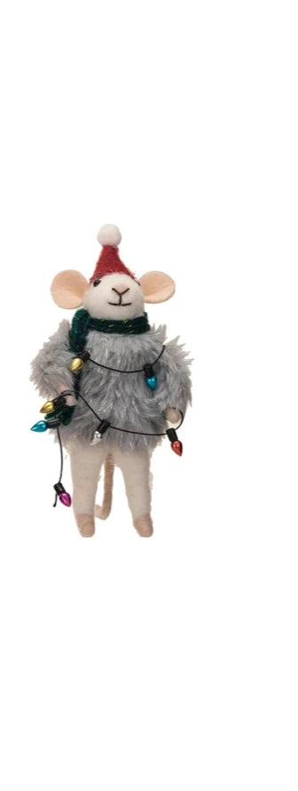 white mouse wearing grey sweater and holding christmas lights.