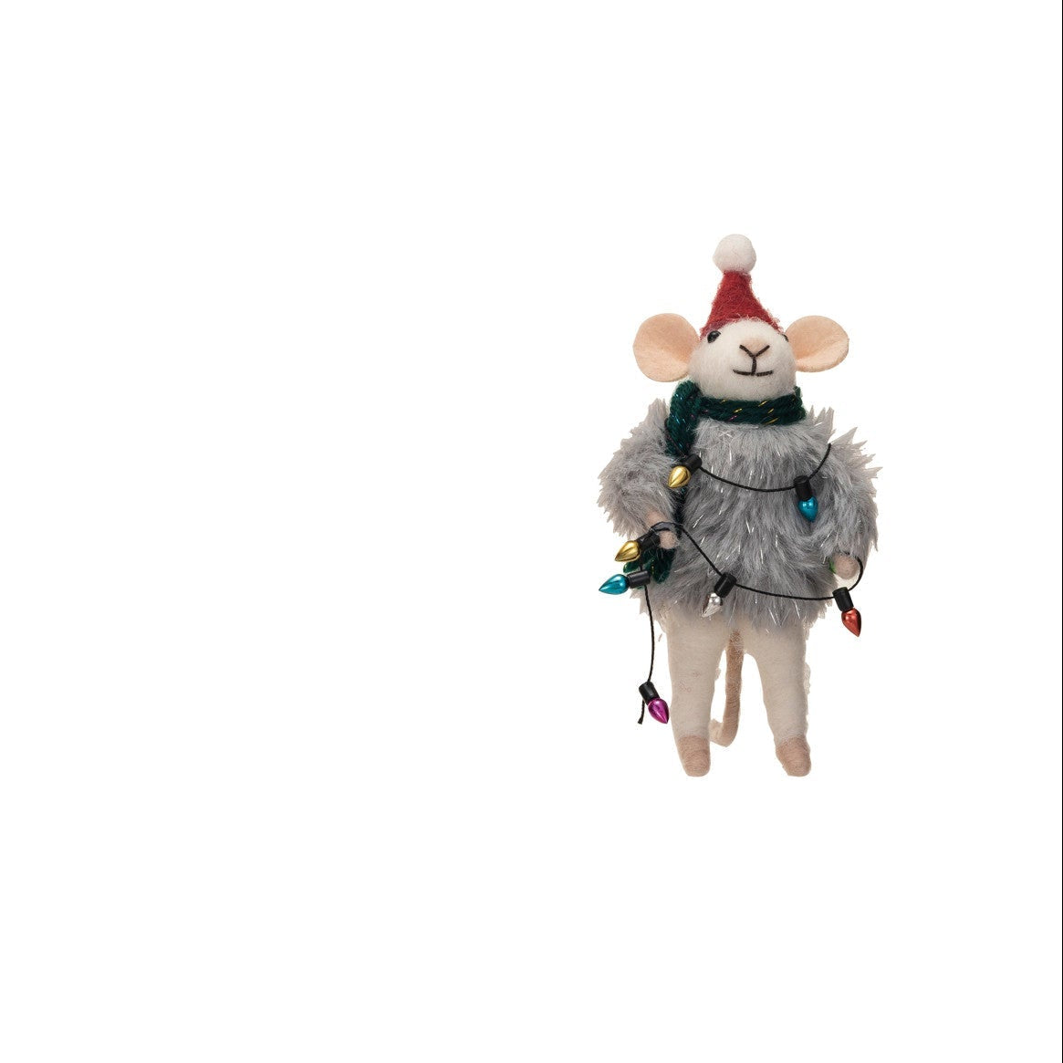 felt mouse ornament wearing a grey seater, green scarf and red hat with a string of christmas lights draped around the mouse